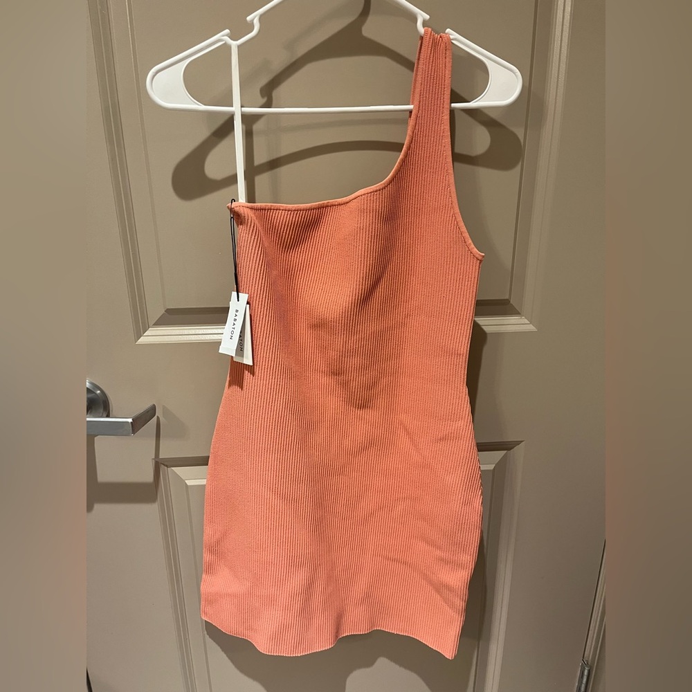 Aritzia Babaton Sculpt Knit One-Shoulder Dress Size L Grapefruit Coral - Picture 6 of 13